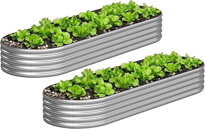 2PCS 8x2x1FT Galvanized Raised Garden Bed KitVegetable Boxes-Oval Metal Flower BoxLarge Planter Raised Beds Outdoor Garden for PlantingFruitHerb-Silver