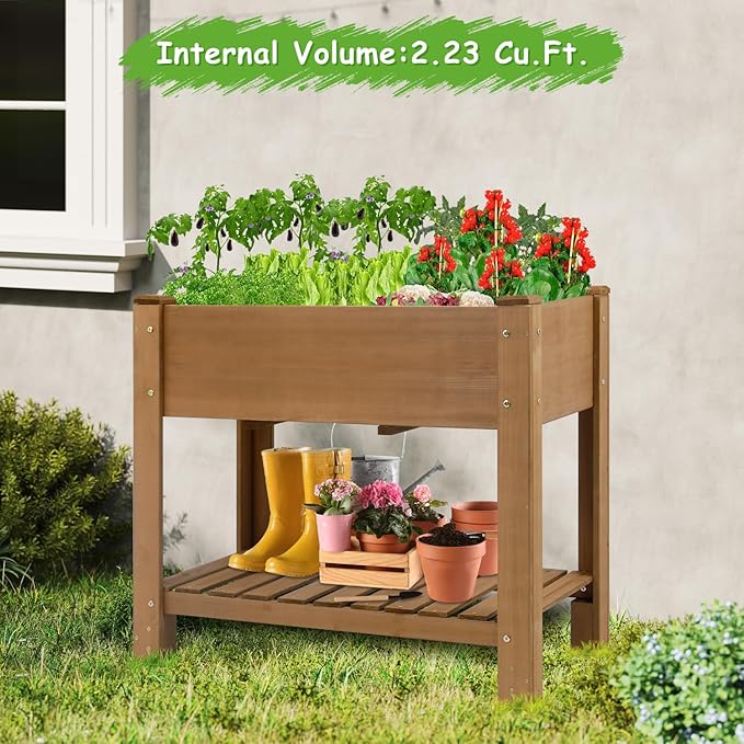PetsCosset Raised Garden Bed Wooden Elevated Planter Box with Legs Protective Liner Reinforced for Vegetables Herbs Flowers for Outdoor Patio Backyard Balcony Gardening (33.46 X 17.9 X 29.72 inches)