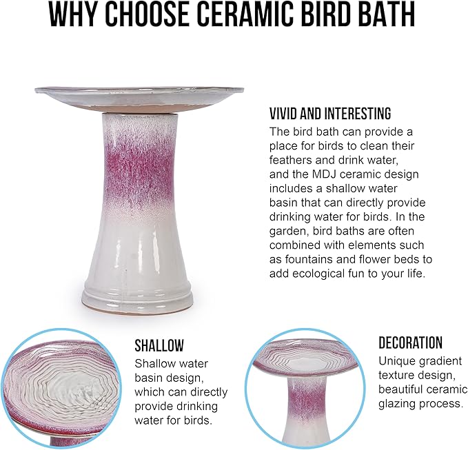 17'' Ceramic Bird Bath for Outside Elegant Tall Outdoor Bird Bath Lightweight Pedestal Glazed Birdbaths for Outdoors with Swirl Pattern Rose Ombre