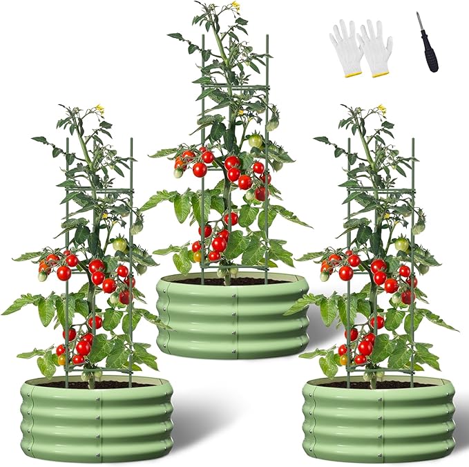 DoCred 3 Pack 2x2x1Ft Round Galvanized Raised Garden Bed Metal Garden Bed Outdoor with Tomato Cages for Gardening Above Ground Planter Box for Plants Vegetables Herbs Flowers Green