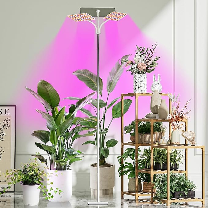KINGPLUS Grow Lights with Stand Three Heads Full Spectrum LED Grow Light for Indoor Plants 360 Leds 4 Dimmable Levels Timer 4/8/12h 12-60inches Height Adjustable 48w Ideal for Desk Small Plant