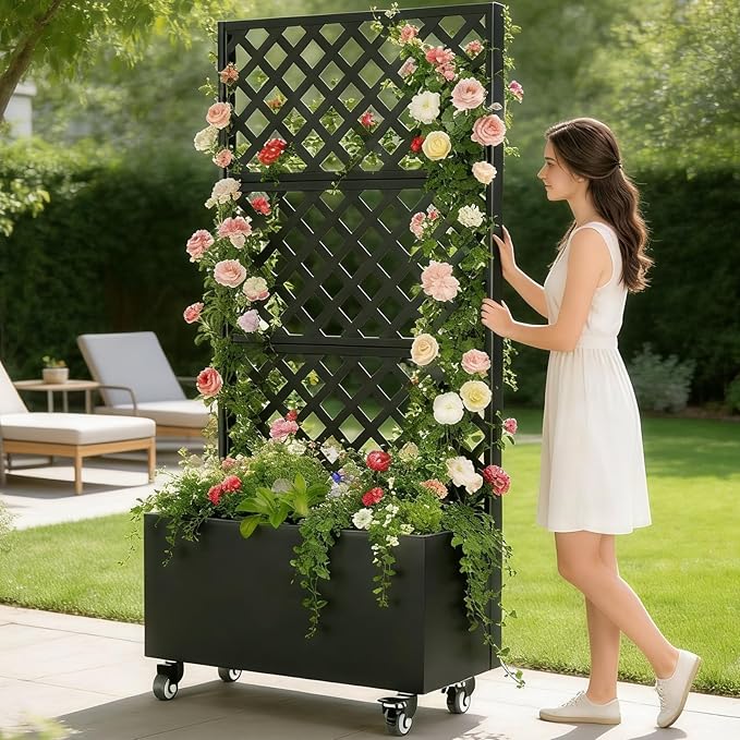 Metal Planter Box with Trellis Privacy Screen Raised Garden Bed with Trellis for Climbing Plants Outdoor Flowers Vegetables Tomato Planter Tomato cage Privacy Planters for Patio(72x 36x 16)