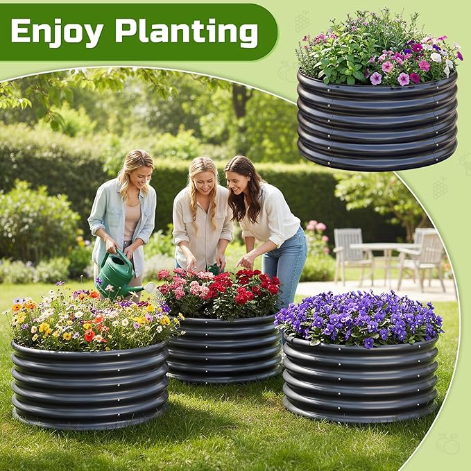 AHEONLAR 3PCS 2x2x2ft Galvanized Raised Garden Bed Kit Round Metal Flower Box Large Planter Raised Beds Outdoor Garden for PlantingFruitHerb Grey