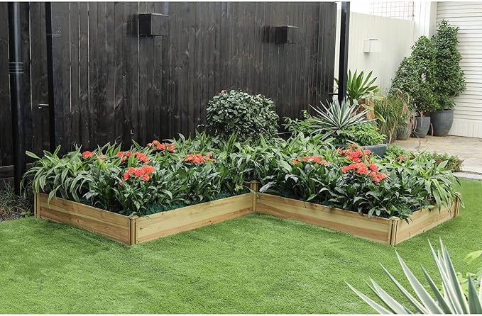 LuxenHome Wood 3 Section Raised Garden Bed 110 L-Shape Raised Garden Bed Fir Wood Planting Bed Solid Wood for Vegetable Flower Herbfor Outdoor Lawn Yard Patio Use