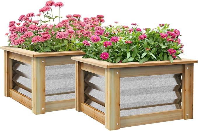 Raised Garden Bed Set of 2 Outdoor Galvanized Metal Planter Box Reinforced with Wood Stock Tanks for Growing Flowers Herbs Vegetables - Self-Draining 17.75 L x 17.75 W x 11.75 H
