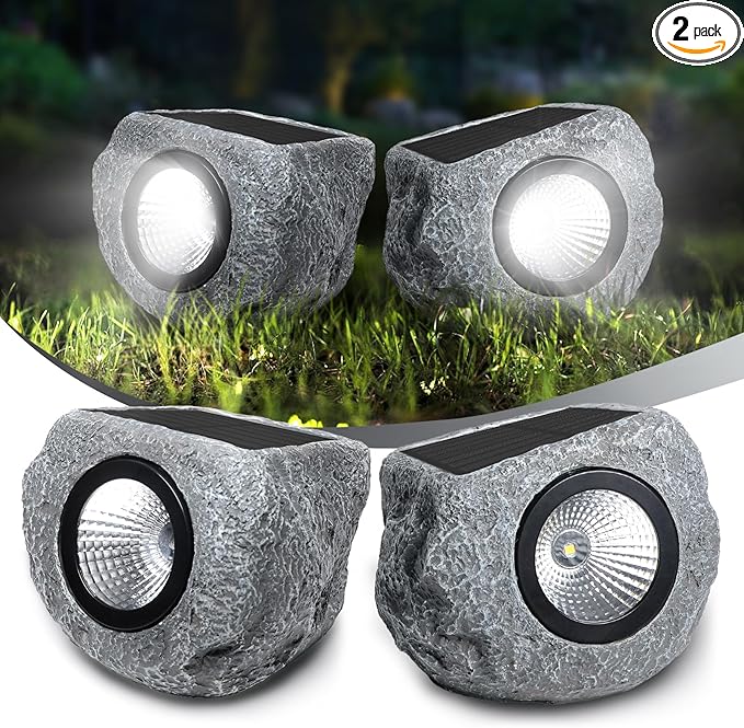 Solar Rock Lights Outdoor 2 Pack Bright Solar Spotlights Outdoor Waterproof Wireless LED Rock Lights Auto On/Off Landscape Spotlights Walkway Solar Lights for Outside Yard Patio Pathway Flowerbed