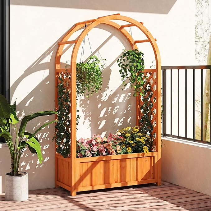 Giantex Set of 2 Raised Garden Bed with Arch Trellis for Climbing Vine Flower Vegetable Wood Planter Box with Liner &amp Drainage Design Outdoor Plant Container for Yard Balcony (33x14x58)