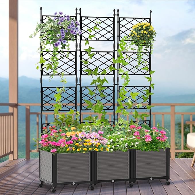 Raised Garden Bed Outdoor Planter Box with Trellis and Wheels Tomato Planter Cage with Trellis Indoor Outdoor Patio Self Watering Planters for Climbing Plants Vegetable Flowers