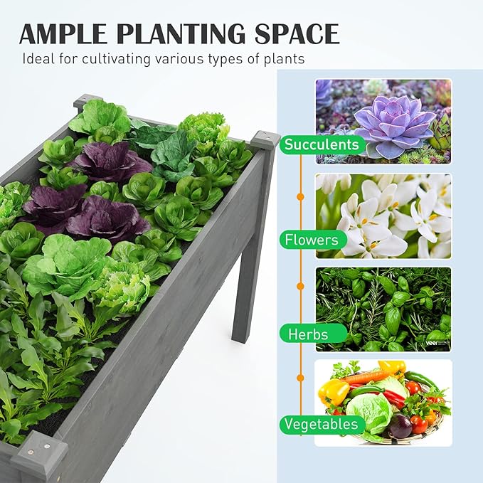 Raised Garden Bed 48” x 22” x 30” Elevated Planter Box w/Legs &amp Drainage Hole Wooden Planter Raised Bed for Vegetables Flowers Herbs Perfect for Outdoor Gardening Backyard Lawn Grey