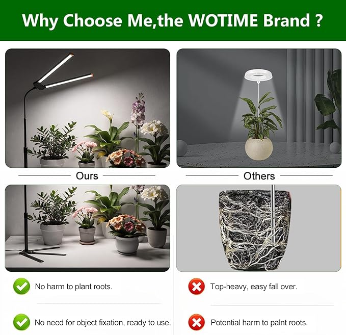 Grow Light for Indoor Plants6000K (100W Equiv) White Full Spectrum Growing Lamp with Base Stand for Home Office Desk top Pot Plants Growth Timer 4/8/12Hrs &amp Height Extendable 10-25''