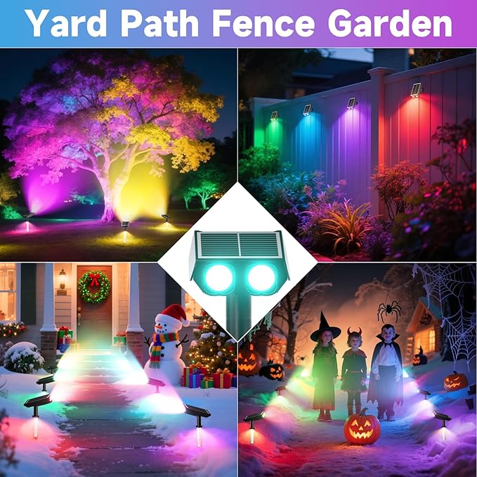 Color Changing Solar Spot Lights Outdoor with PC Light Guide Column 8 Lighting Modes Christmas Outdoor Spotlight IP65 Waterproof RGB Solar Spotlight for Garden Yard Tree Pathway 4Pack