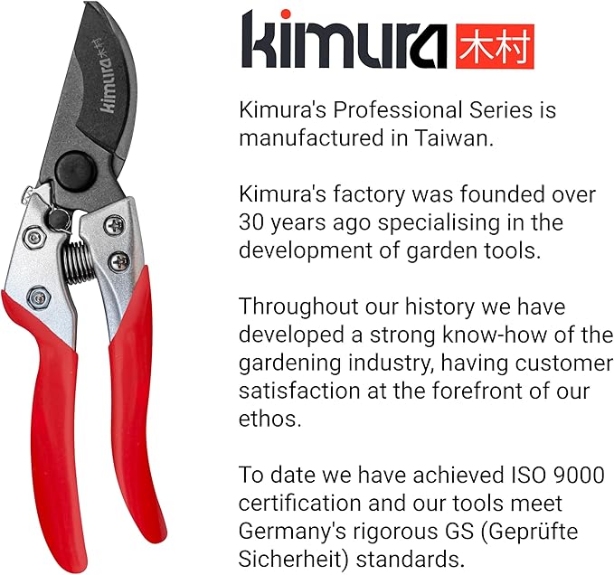 Kimura® 8 Pro Bypass Pruning Shears Heavy Duty Japanese SK5 Steel Blades 1 inch Cut Capacity Non-Slip PVC Coated Handles Lightweight &amp Ergonomic Japanese Pruners Professional Garden Clipper