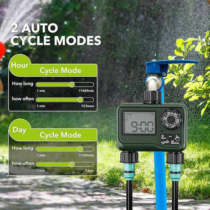 BN-LINK Sprinkler Timer Outdoor - 2 Zone Programmable Water Timer with Rain Delay Automatic Irrigation System for Lawns &amp Garden Hoses - Waterproof Manual Controller with Large LCD Display