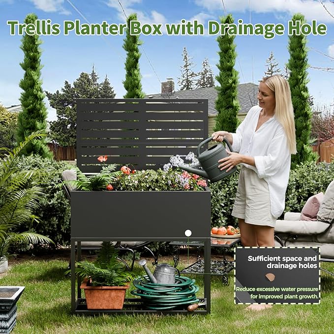 Metal Planter Box with Trellis55 H x35 W Raised Garden Beds with Privacy Screen for Climbing Plants Flower Elevated Standing Planter Garden Bed with Drainage Holes for Outdoor PatioBlack