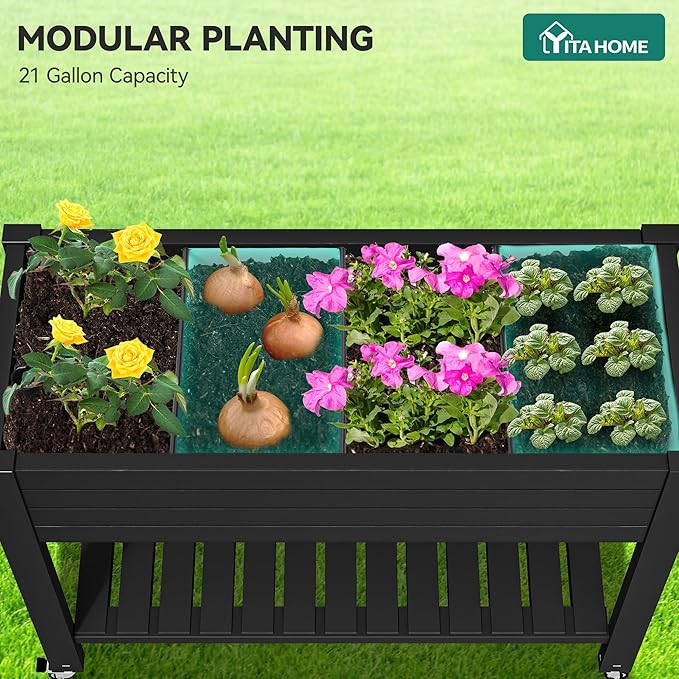 YITAHOME 43.3x17.7x34 in Elevated Garden Bed 2pcs Outdoor Plastic Planter Box with Wheels Legs Drain Plug and Storage Shelf for Plants Vegetables Flowers Herbs Black