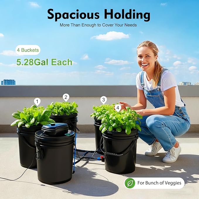 5.28Gal Large Capacity DWC Growing Kit - Hydroponic Bucket System with Air Pump 4 Planting Buckets for Home Gardening Balcony or Greenhouse