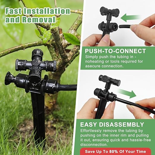 50FT Drip Irrigation System Kit Automatic Garden Watering System with 1/4 Drip Tubing &amp Quick Connect Fittings Adjustable Mist and Linear Columnar Modes for Greenhouse Raised Garden Beds Lawn