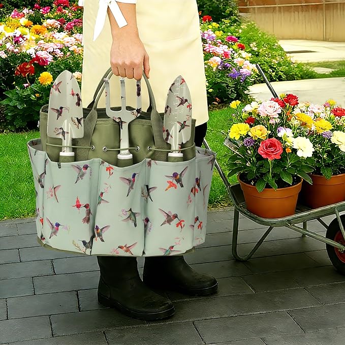 Garden Tool Set with Hummingbird Print Heavy Duty Gardening Hand Tools with Garden Tool BagGardening Gifts for Women&ampMenGreen