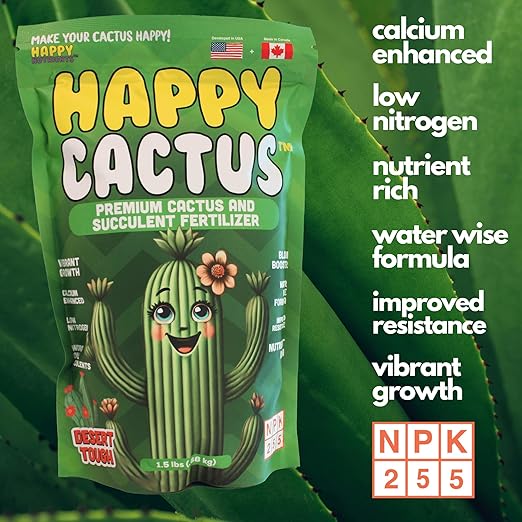 Happy Cactus Fertilizer by Happy Nutrients– Low Nitrogen Fertilizer for Cactus Plant &amp Succulents – Bloom Booster with Calcium for Vibrant Growth – 2-5-5 NPK 1.5 lbs for Indoor/Outdoor Use