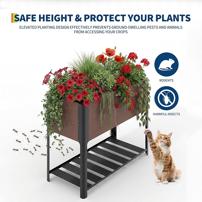 42 l x 33h HDPE Elevated Garden Bed with Storage Shelf - Wood Grain Finish All-Weather Standing Planter Box with Sturdy Black Aluminum Frame for Vegetables Herbs on Patio Balcony &amp Outdoors