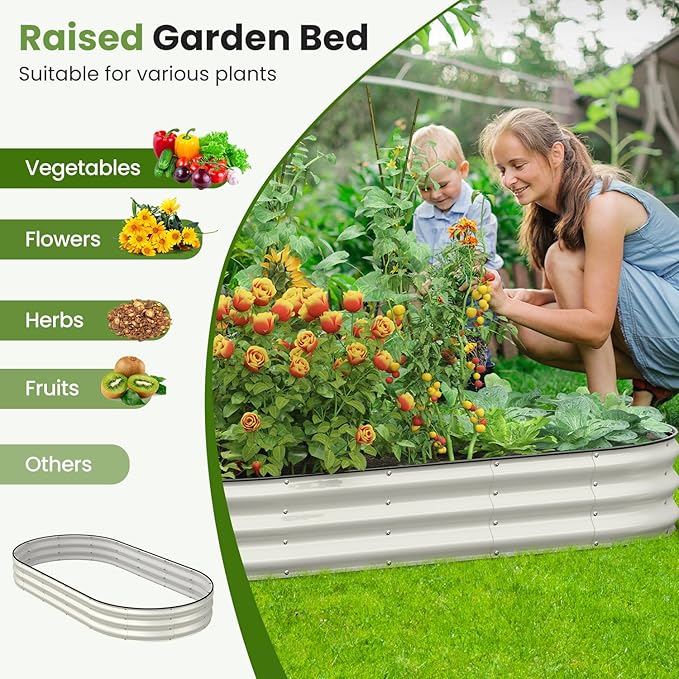 Galvanized Raised Garden Bed 8x4x1 FT Oval Metal Raised Garden Bed Outdoor Planter Box with Open Bottom Rust-Resistant Steel Garden Bed for Vegetables Herbs Flowers Easy Assembly