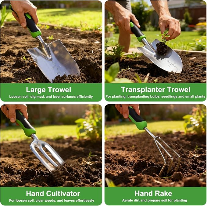 Yesker Gardening Tools 7-Piece Heavy Duty Garden Tool Set Gardening Supplies Gifts for Women Men Gardening Hand Tool Kit with Non-Slip Ergonomic Handle Durable Garden Bag Pruning Shears Black Green