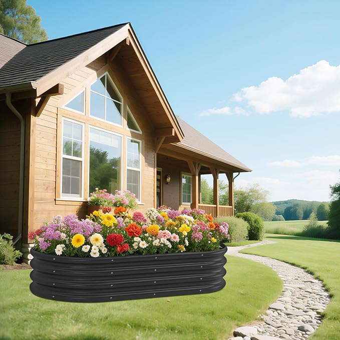 Galvanized Raised Garden Bed Kit Galvanized Planter Raised Garden Boxes Outdoor Oval Metal Raised Garden Beds for Vegetables (Black)