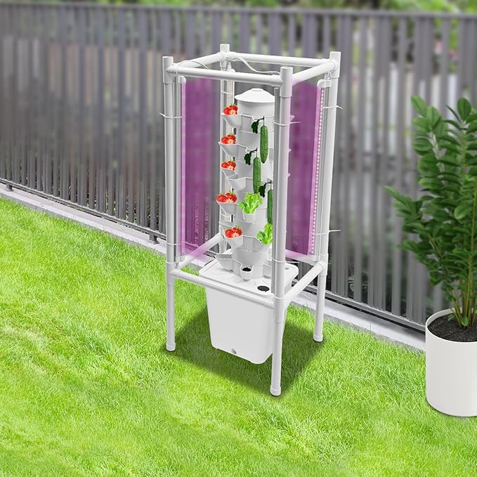 Hydroponic Growing Kit 6 Layer 30 Planting Point Hydroponic Grow Tower with 4 LED Lamps Vertical Tower Planter Germination Kit Hydroponics Growing System for Garden Office Balcony (White)