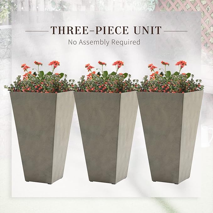 Set of 3 Tall with Drainage Hole 28 Outdoor Flower Pots Indoor for Porch Patio and Deck Gray
