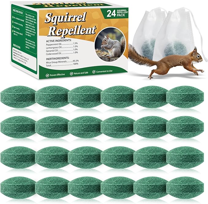 24 Pack Squirrel Repellent Balls - Peppermint Oil Squirrel Deterrent for Attic &amp Outdoor Squirrel Repeller for Car Engines Garden &amp Indoor Use