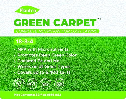 Green Carpet Lawn Liquid Fertilizer with Balanced NPK 18-3-4 with micronutrients | Lawn Food Quality Liquid Fertilizer - Spring &amp Summer Concentrated Spray - Any Grass Type (32 oz Bottle)