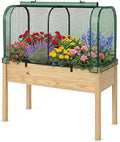 Giantex Raised Garden Bed with Cover Wood Elevated Planter Box with Legs &amp Mini Greenhouse Waterproof Sun-Protective PE Green House Cover Outdoor Use for Fruit Vegetable Flower Herb (Green+Natu