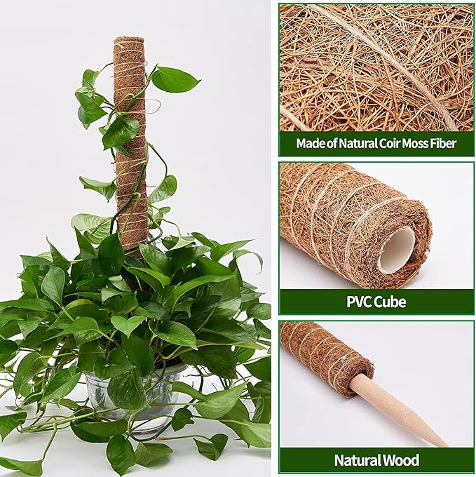8 Pcs Moss Pole for Plants Monstera Plant Support Stakes for Indoor Climbing Plants Grow Upwards with 65ft Twist Ties 13ft Jute Rope 6.5ft Hook-and-Loop Strip