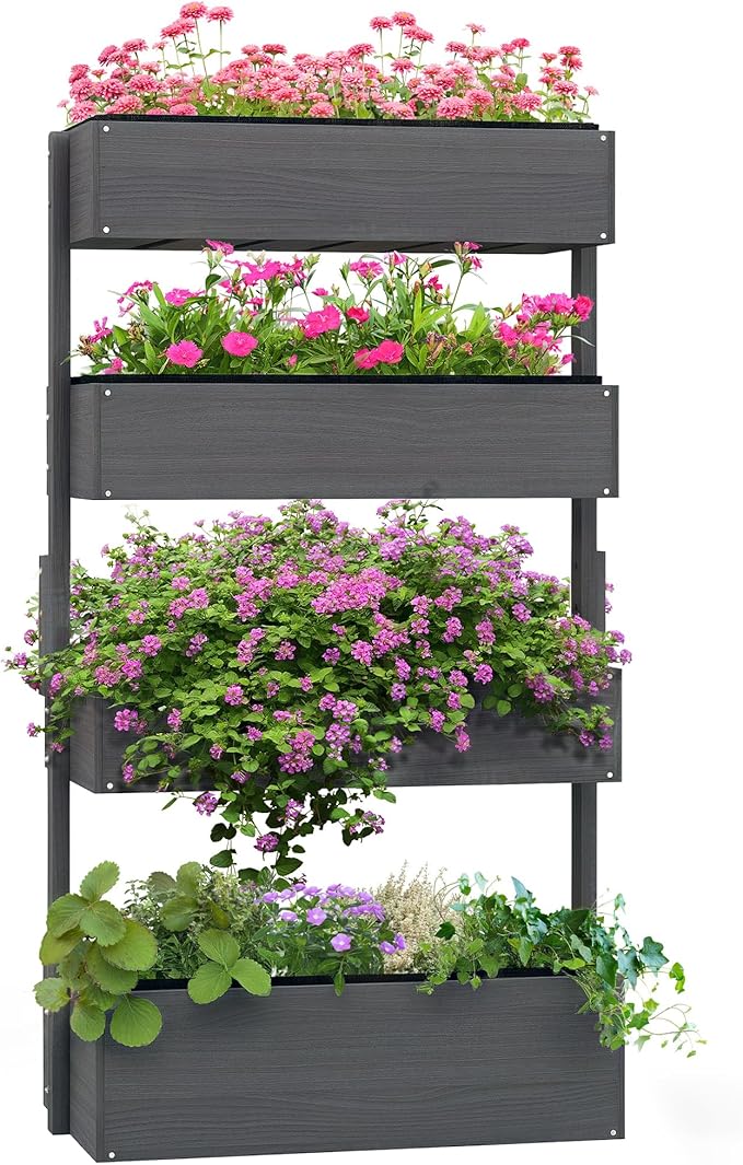Outsunny Vertical 4 Tier Raised Garden Bed Wooden Planter Box Self-Draining with Bed Liner for Indoor Outdoor Flowers Vegetables and Herbs Gray