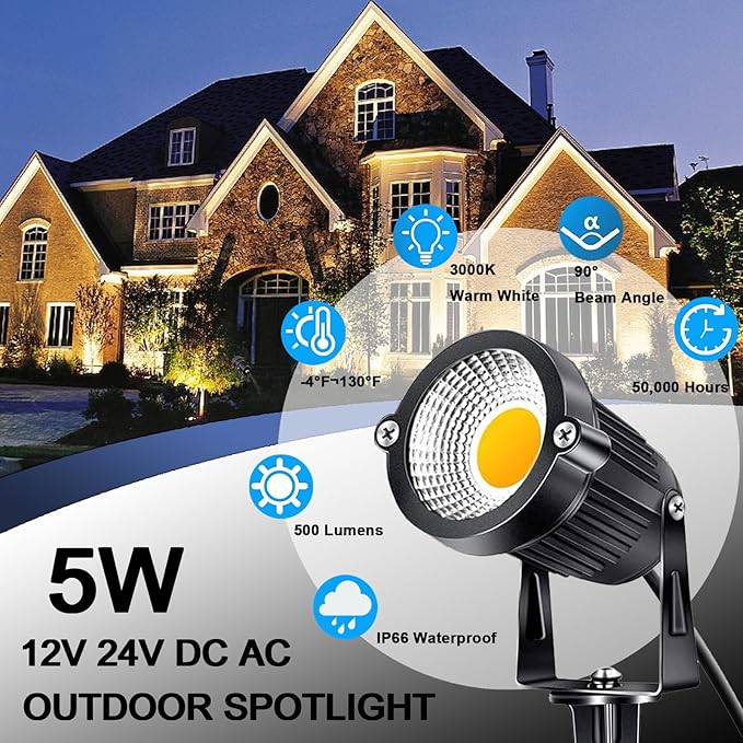 5W Low Voltage Landscape Lights 12 Volt LED Spotlight Outdoor Pathway Lights Wired Yard Lights Garden Lawn Landscaping Lights 500LM IP66 Waterproof Spot Lighting Warm White Garden Stake Tree Light