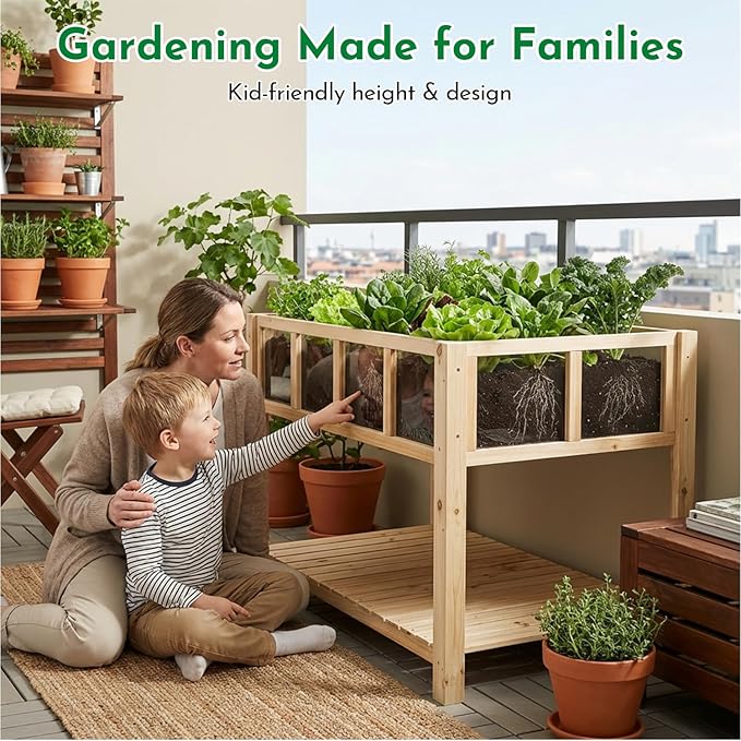 Raised Garden Bed with Transparent Acrylic Panels Elevated Wooden Raised Garden Bed Planter Fir Wood Outdoor Planter Box for Herbs Flowers &amp Patio Balcony Gardening (Natural)