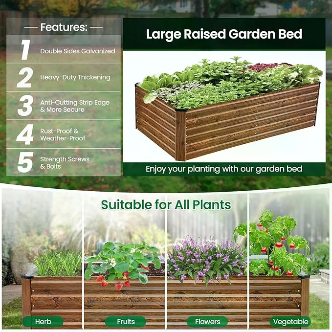 Homdox 6×3×2FT Galvanized Metal Raised Garden Bed Kit Deep Root Elevated Planter Box w/Anti Cutting Strip &amp A Pair of Gloves for Vegetables Flowers Herbs Succulents 265 Gallon Capacity Brow