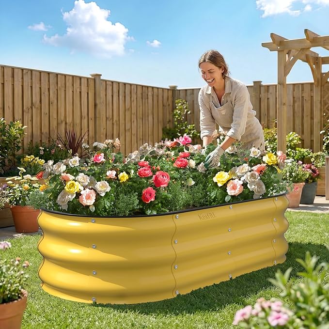 Kesfitt Raised Garden Bed 4x2x1 FT Galvanized Steel Metal Raised Garden Bed Oval Open-Bottom Design 12-Inch Deep for Outdoor Vegetable &amp Herb Gardening Creamy Yellow