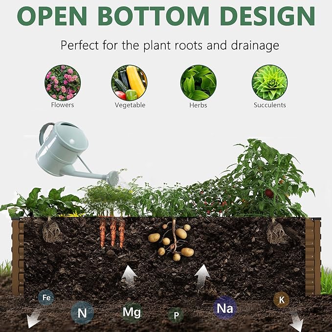 FOOWIN 8x4x2ft Galvanized Raised Garden Bed Planter Raised Garden Boxes Outdoor Large Metal Raised Beds for Gardening Garden Bed for Vegetables Flowers Herb478 Gallon Capacity Brown