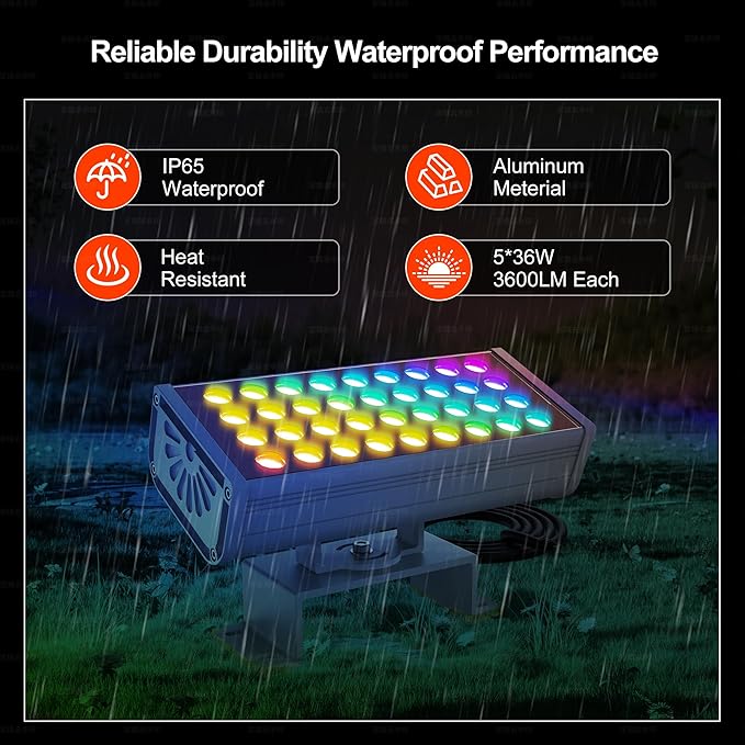 Party Lights Outdoor Smart Flood Light 180W RGBCW Color Changing LED 2700–6500K Tunable White WiFi App &amp Voice Control 50 Scenes 1–100% Dimmable IP65 Linkable Wall Washer Lights
