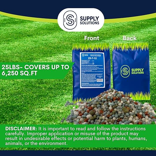 Supply Solutions 25-7-12 Lawn and Turf Fertilizer - 15% Slow Release Nitrogen Lawn Fertilizer for All Grass Types Shrubs - Turf Builder Plant Food Covers 6250 sq.ft (25lbs)