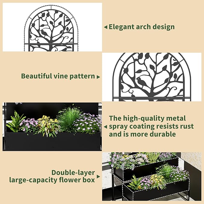 Arched Outdoor Planter Box with Trellis for Climbing Plants 2 Tiers Metal Privacy Planters for Patio Tall Raised Garden Bed with Legs for Vegetables Fruits Balcony 75.2 x 22 x 34.6 Inch Black