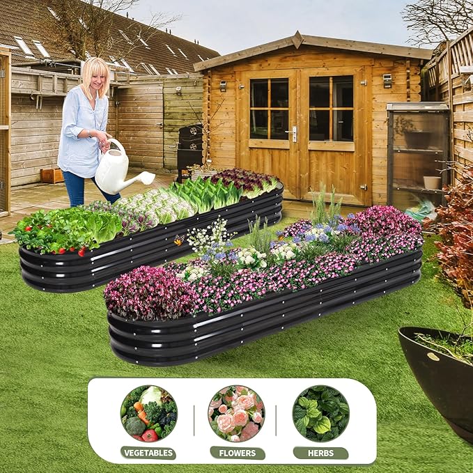 Galvanized Raised Garden Bed Outdoor- Raised Beds for Gardening| Metal Planter Box Steel Raised Garden Bed Kit with Safety Edging and Gloves for Vegetables Flower Herbs (8x2x1FT Gray)