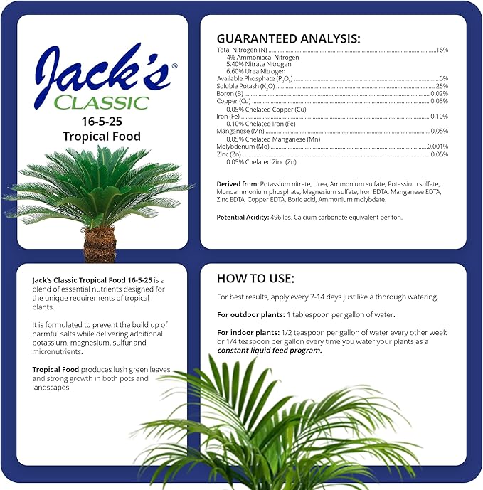 Jack's Classic 16-5-25 Tropical Food Water-Soluble Fertilizer with Micronutrients for Strong Lush Growth 1.5lbs