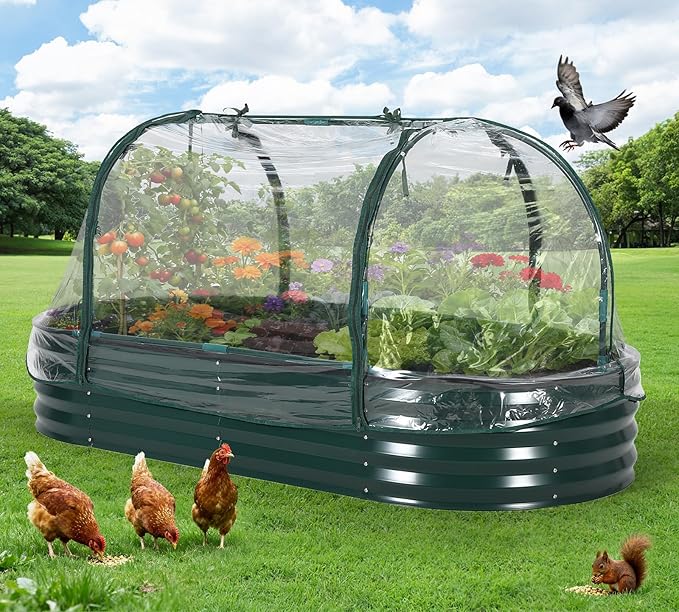 Large Oval Galvanized Raised Garden Bed Kit with Protective Cover Open Base Steel Planter Box with Zippered Screen Doors Easy Assembly Outdoor Raised Bed for Vegetables Flowers Dark Green