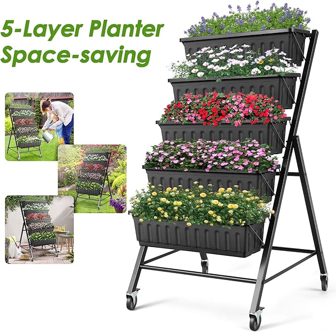 Suyncll Vertical Raised Garden Bed Planter Box 5 Tiers Vertical Garden Planter with Drainage System and 4 Hooks for Plants Vegetables Flowers (Black with Wheels)