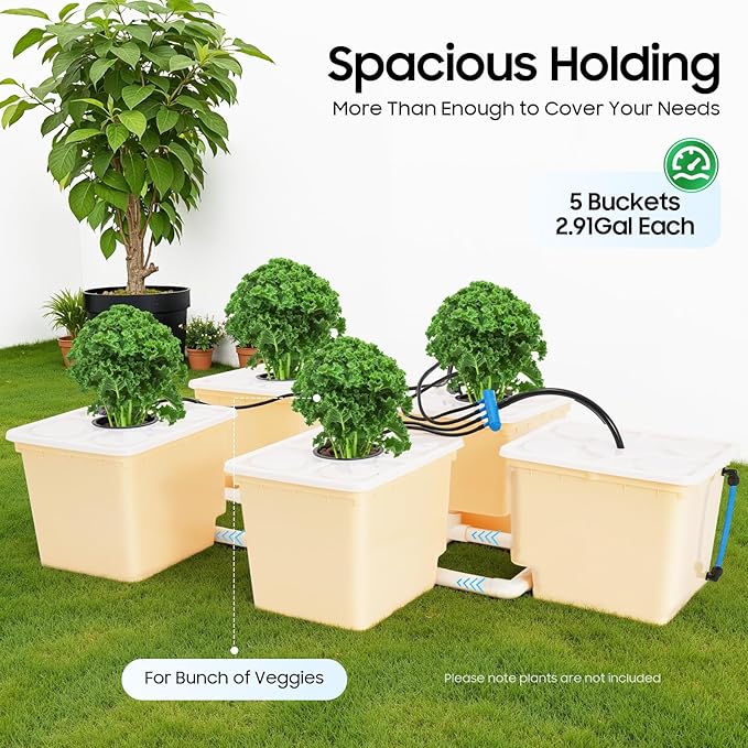 5-Bucket DWC Hydroponics Grow System 11L Deep Water Culture Hydroponic Kit with 4W Submersible Pump 300L/H Flow Rate Indoor Gardening System for Vegetables Herbs Flowers