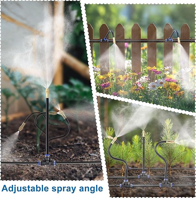 Mornajina Automatic Drip Irrigation Kits Garden Irrigation System Includes 50FT 5/16 inch Irrigation Tubing Hose &amp 15Pcs 360° Bending Dropper Atomizing Mist Nozzles Tee for Garden Watering System