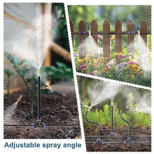 360° Adjustable Drip Irrigation System Garden Watering 5/16 Automatic Atomizing Sprinkler System with Hose Tubing Flexible Copper Nozzles Quick Connector Greenhouse Raisedbed Lawn (65ft + 20 Nozzles)