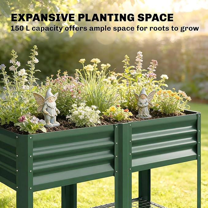 Outsunny Galvanized Steel Raised Garden Bed with Storage Shelf and Bed Liner Elevated Planter Box with Legs for Flowers Vegetables and Herbs for Outdoor Patio Yard Glove Included Green